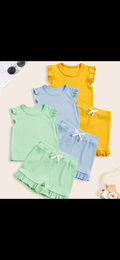 Charming Girls 6 Pcs Fashion Set featuring colorful tops and shorts in yellow, blue, green, and pink, ideal for playful styles and everyday adventures.
