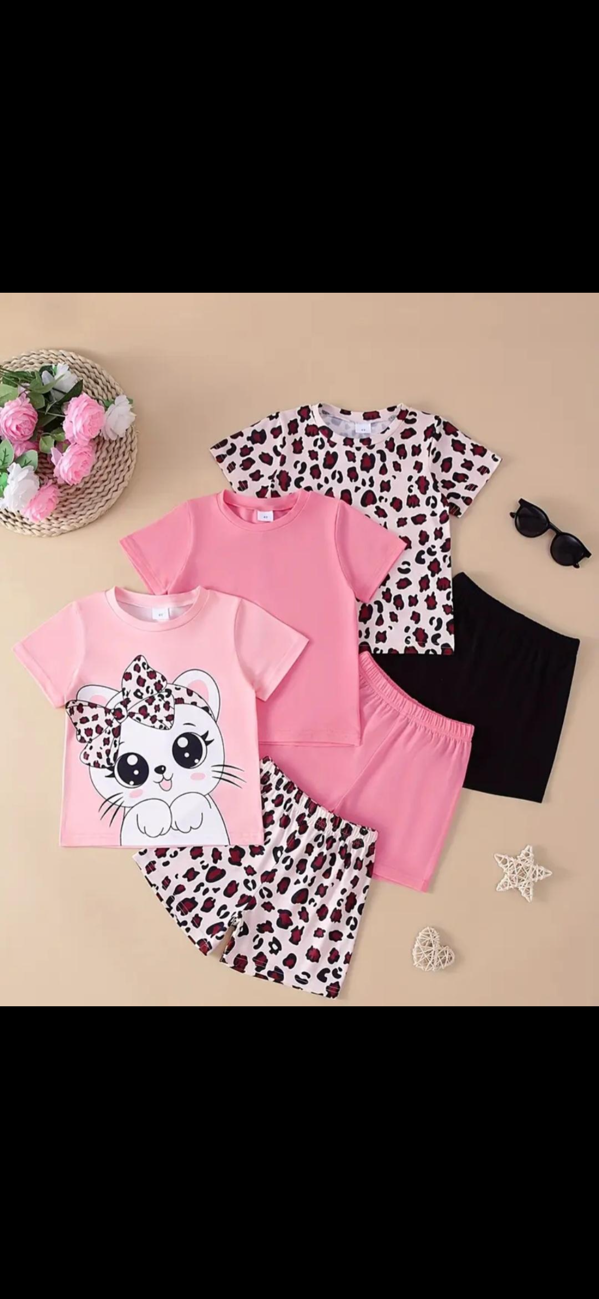 Adorable 6-Piece Toddlers Cat Outfit Set featuring playful cat-themed tops, colorful shorts, and fun accessories, perfect for playtime, dress-up, and imaginative fun.