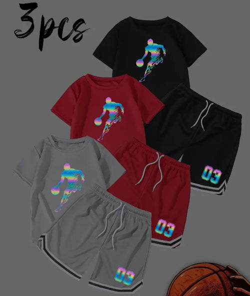 6-Piece Boys' Short Sleeve T-Shirt & Drawstring Shorts Set featuring reflective athletic prints in vibrant colors, perfect for active play and sports. Includes stylish short-sleeved T-shirts and comfortable drawstring shorts.
