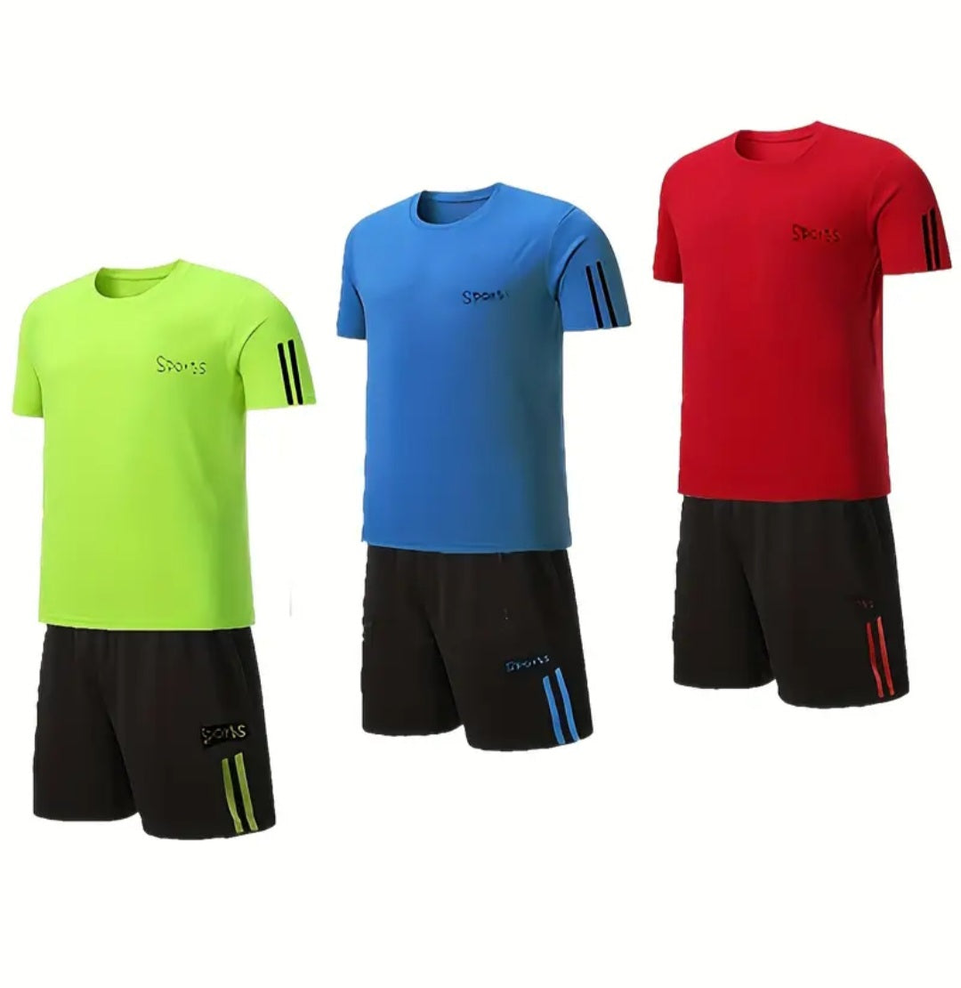 6 Pcs Boys Basketball T-Shirt Set featuring three vibrant t-shirts in neon green, blue, and red with black shorts, designed for breathable, quick-dry performance.