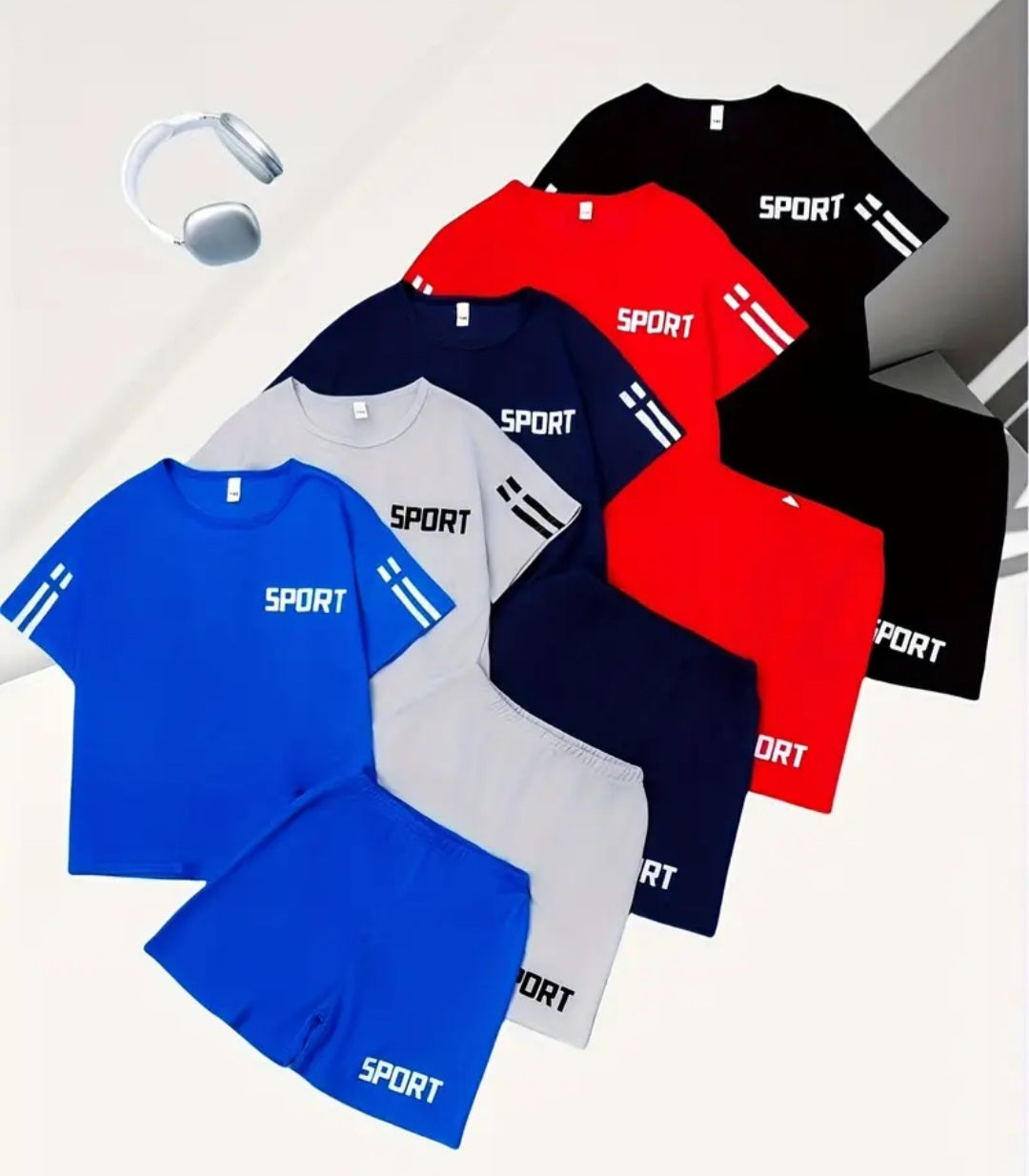 10-Piece Boys Summer Sports Set featuring quick-dry, breathable T-shirts and shorts in vibrant colors perfect for active play, displayed together with a pair of headphones.