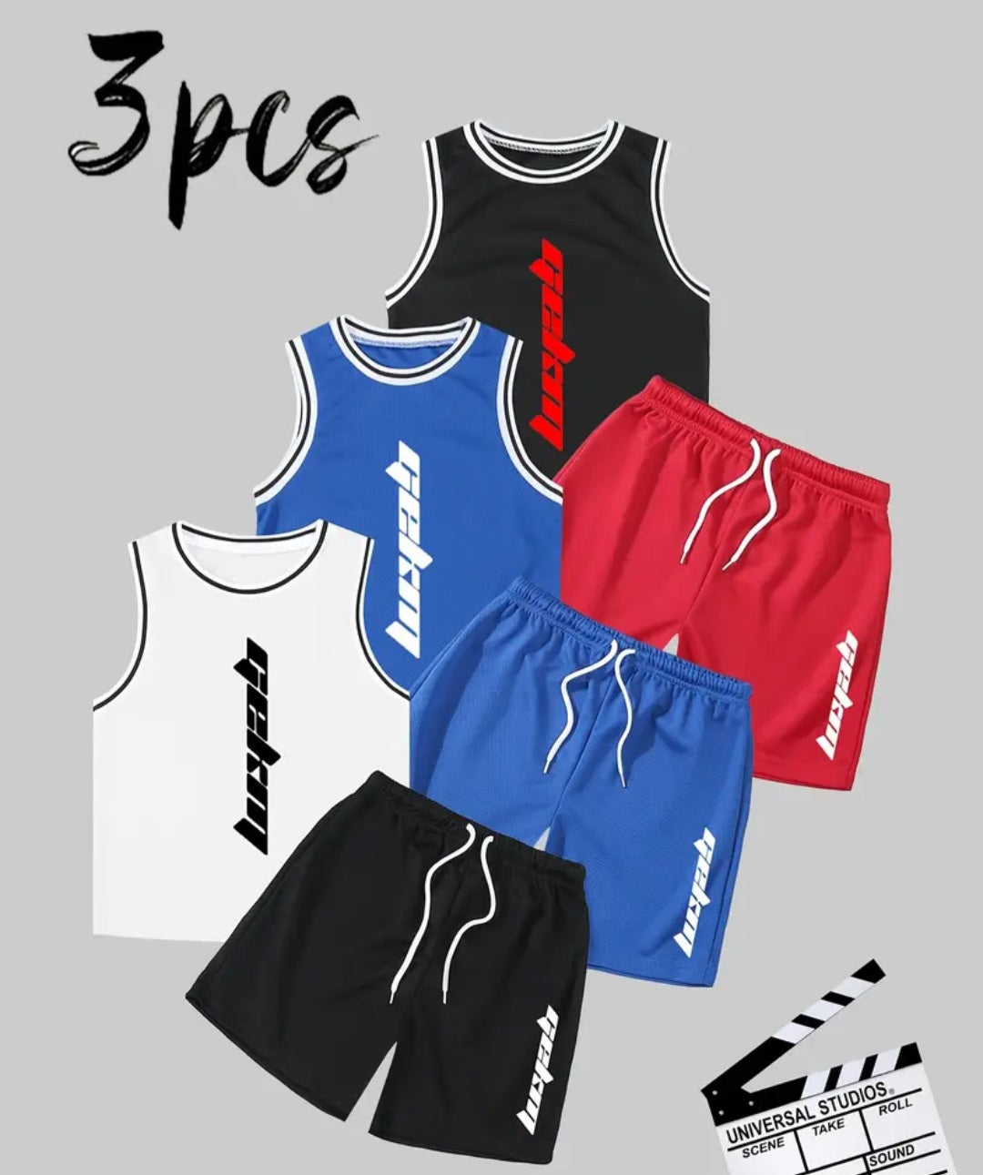 6Pc Sleeveless Boys Sports Outfit with Modern Letter Print showcasing vibrant activewear options including black, white, blue, and red tank tops and shorts, perfect for active play and stylish adventures.