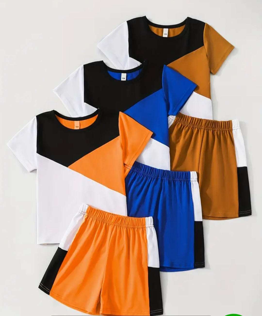 6-Piece Boys Colorblock Short Sleeve T-Shirt & Shorts Set featuring vibrant colorblock designs in a mix of orange, blue, black, and brown. Comfy summer outfit perfect for active boys.