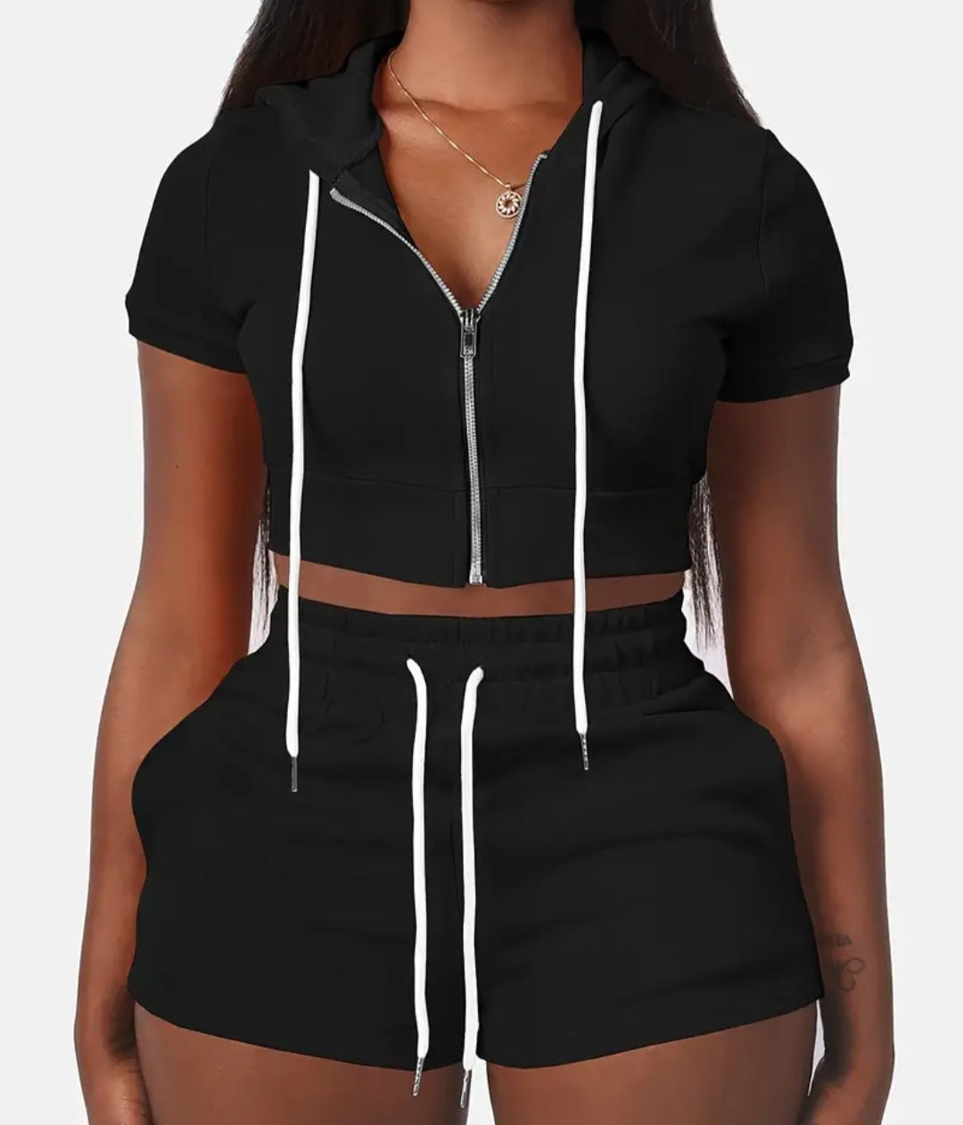 Chic Zippered Hoodie And Shorts Set in sleek black color - Women's Casual Two Piece Outfit With Adjustable Drawstring, ideal for comfortable and stylish wear.