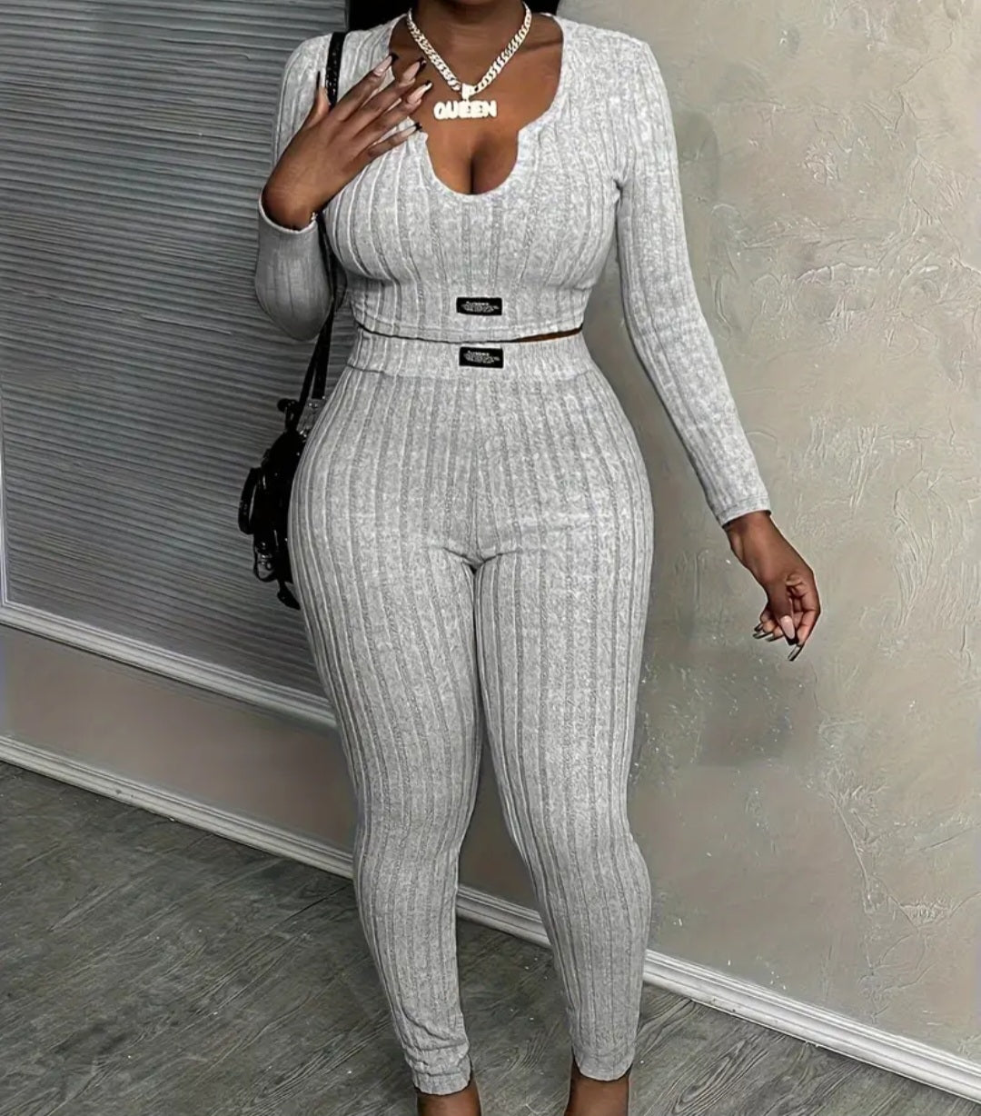 Women's Slim-Fit Long Sleeve Top & High-Waist Pants Set in grey, showcasing a trendy ribbed style with a comfortable fit, ideal for everyday wear.