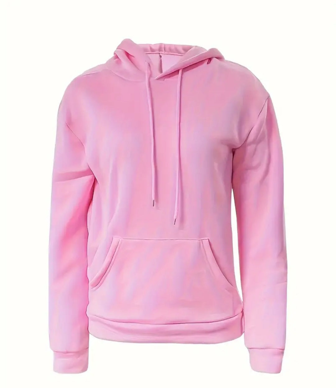 Cozy Women's Long Sleeve Hoodie With Pockets in soft pink color - perfect for chilly days and lounging. Made from a soft polyester blend and machine washable.
