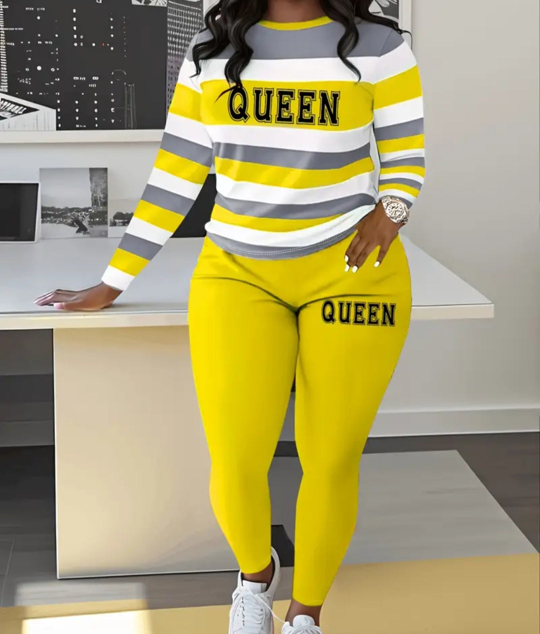 Stylish and trendy Queen Letter Printed Striped Casual Outfit featuring a mix of yellow, gray, and white stripes, perfect for comfortable everyday wear.