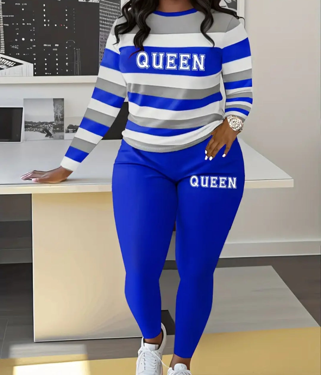 Queen Letter Printed Striped Casual Outfit showcasing trendy blue and gray stripes, featuring ‘QUEEN’ printed on the top and leggings, perfect for a comfortable and stylish look for any occasion.