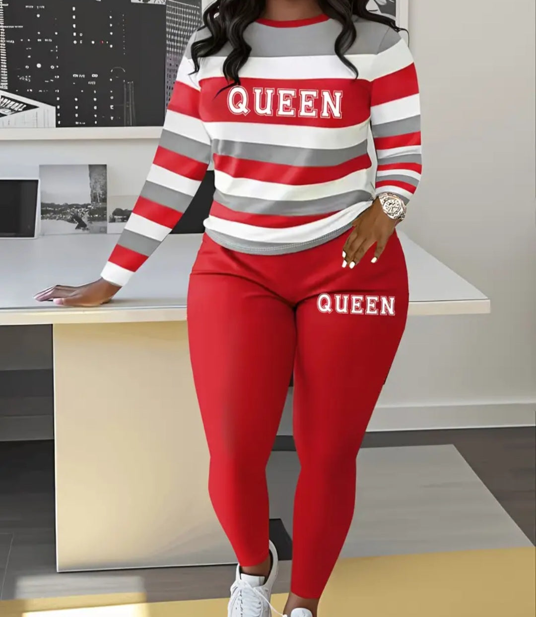 Vibrant Queen Letter Printed Striped Casual Outfit showcasing red, gray, and white stripes, an ideal combination of style and comfort for any casual occasion.