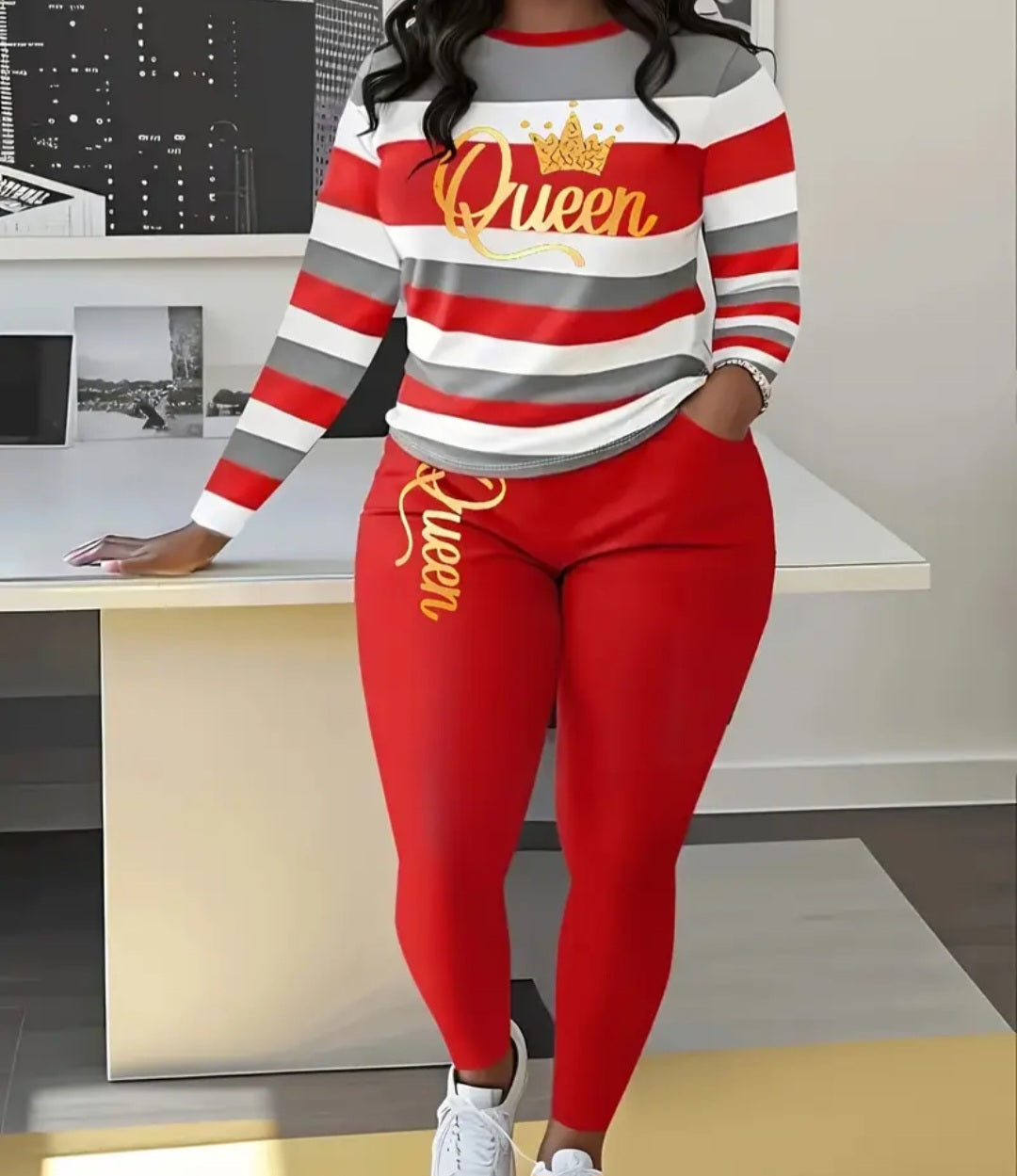 Women's Striped Long Sleeve Trouser Suit with Queen Lettering and Pockets in red and gray, featuring a chic design perfect for trendy outings or relaxed gatherings.