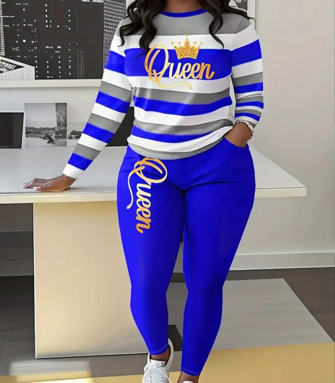 Women's Striped Long Sleeve Trouser Suit with Queen Lettering and Pockets in blue and gray, showcasing a stylish and comfortable outfit for casual or sophisticated occasions.