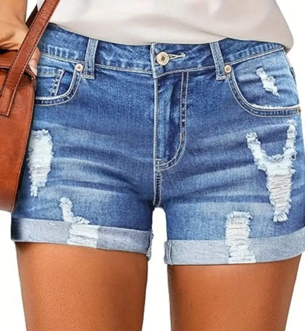 Women's High Waisted Distressed Denim Shorts With Rolled Hem - Light Blue Casual Summer Style, featuring trendy distressed details and a rolled hem, perfect for summer outings.