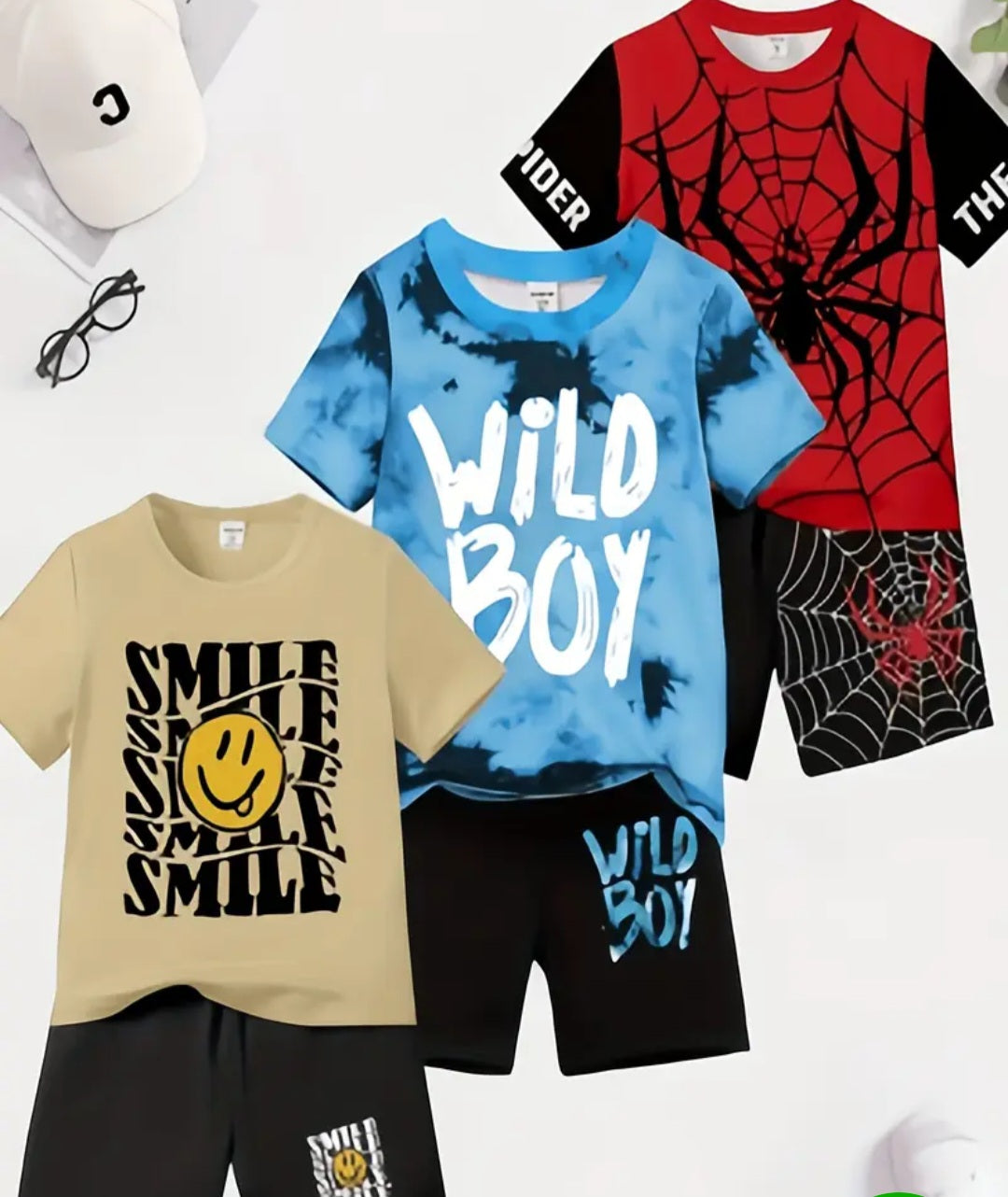 Boys' 6-Piece Digital Print Casual Short Sleeve T-Shirt & Shorts Set showcasing three stylish t-shirts with fun prints and matching shorts, perfect for everyday adventures.