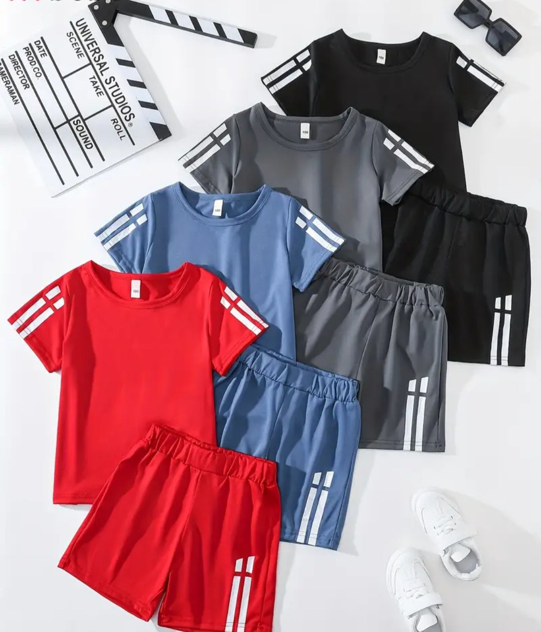 Boys 8-Piece Summer Outfit Set featuring casual striped and solid color short sleeve tops and shorts arranged stylishly with accessories.