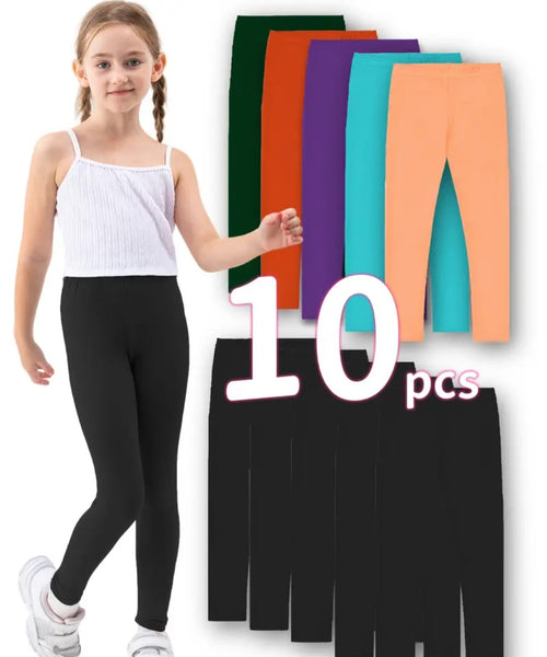 10 Pack Girls' High Stretch Cropped Leggings featuring a young girl in a stylish outfit with various solid color leggings displayed in the background. Perfect for comfort and versatility!