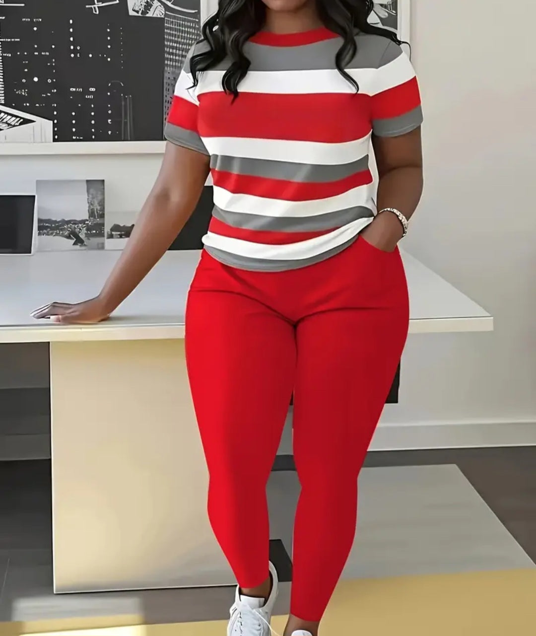 Women's Plus Size 2-Piece Pants Suit Set showcasing a striped long sleeve T-shirt in red and gray, with stylish red leggings, ideal for comfortable everyday wear.