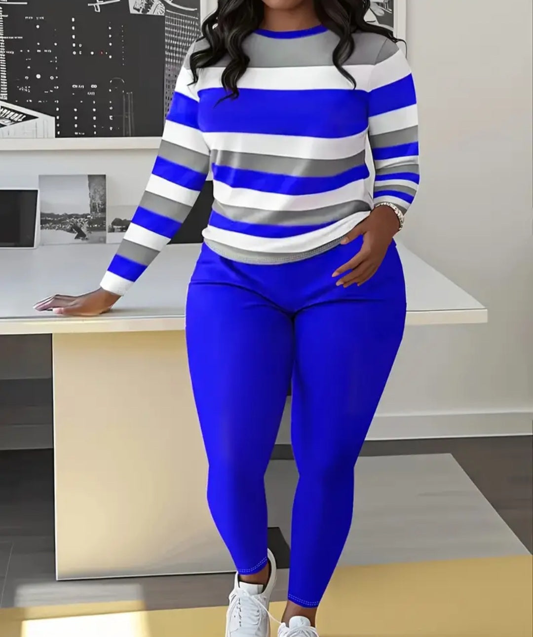 Women's Plus Size 2-Piece Pants Suit Set featuring a striped long sleeve T-shirt in vibrant blue and gray, paired with matching blue leggings, perfect for casual outings.