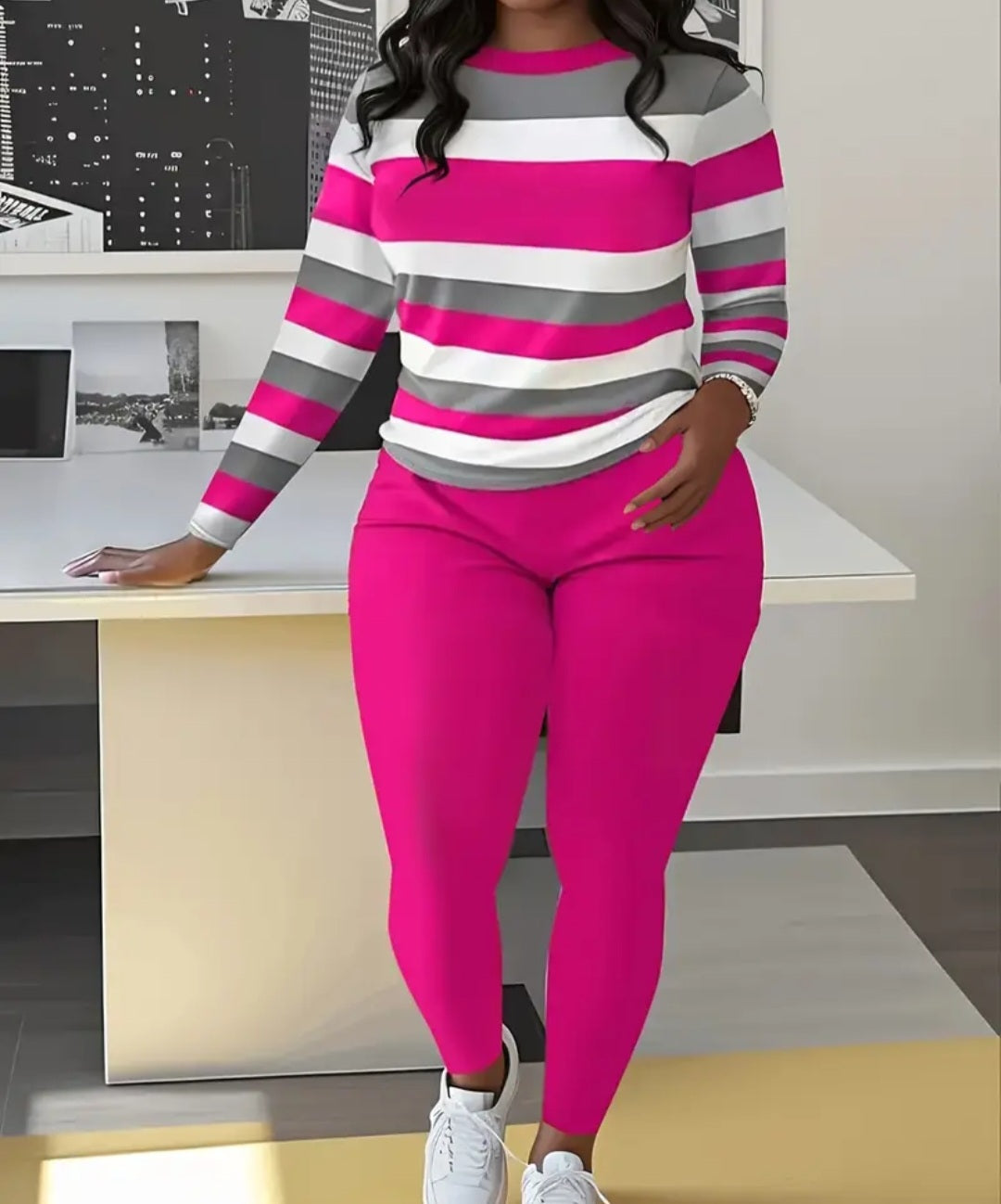 Women's Plus Size 2-Piece Pants Suit Set with a striped long sleeve T-shirt in pink and gray, complemented by snug pink leggings, designed for fashion and comfort.