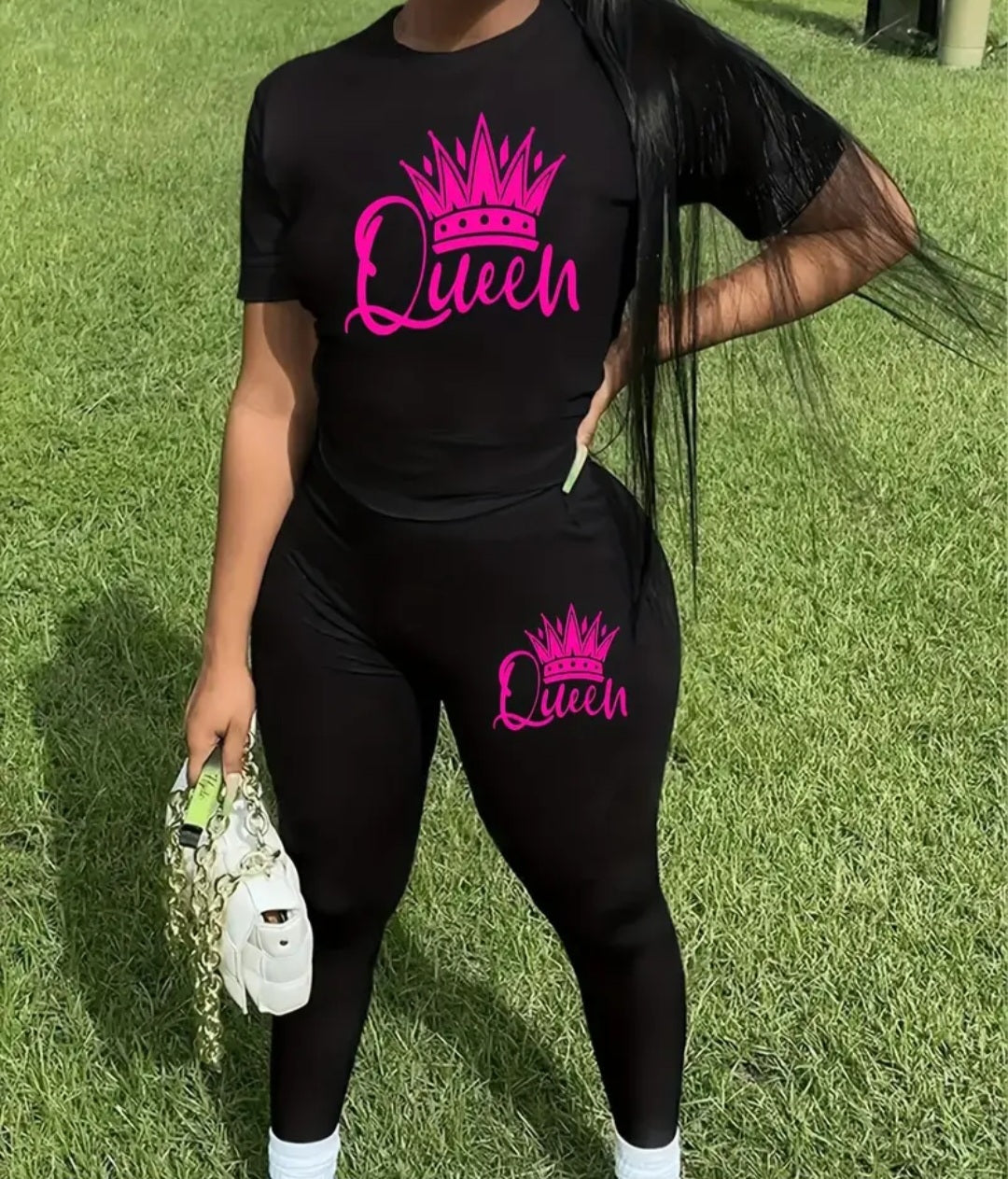 Queen Crown Women's Activewear Set featuring a stylish black stretchy polyester tee with a pink crown and 'Queen' graphic, matched with black long pants, perfect for workouts or casual outings.