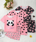 6-Piece Girls Panda Pajama Set showcasing cute short sleeve t-shirts and playful shorts with panda designs and heart patterns for cozy loungewear.
