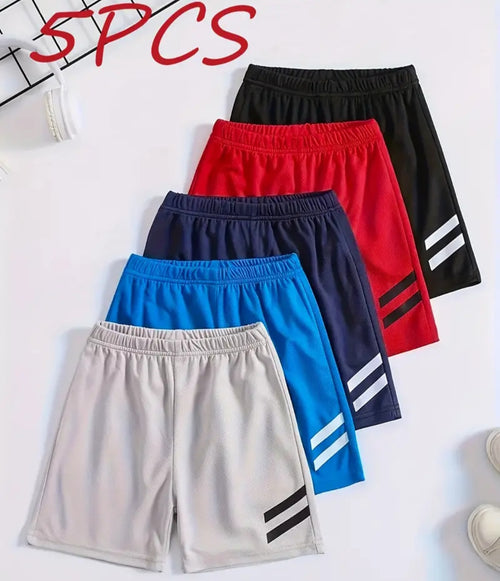 5-Pack Boys Comfortable Casual Shorts featuring quick dry fabric in assorted colors including gray, blue, black, red, and navy, perfect for active play and summer outings.