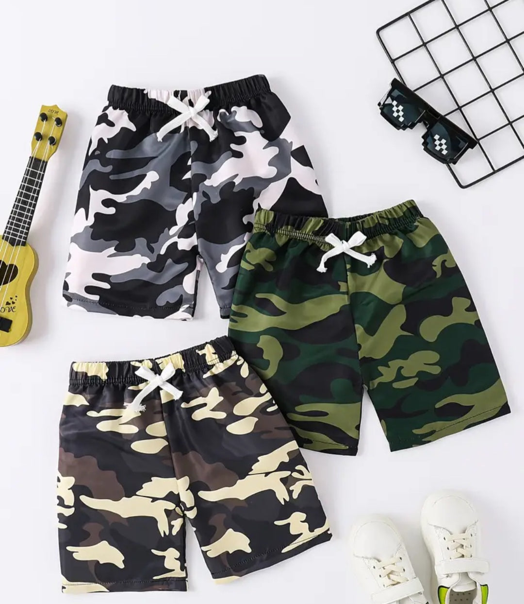 Boys' 3-Piece Camo Shorts Set featuring three stylish camo shorts in various colors, perfect for summer casual outings.