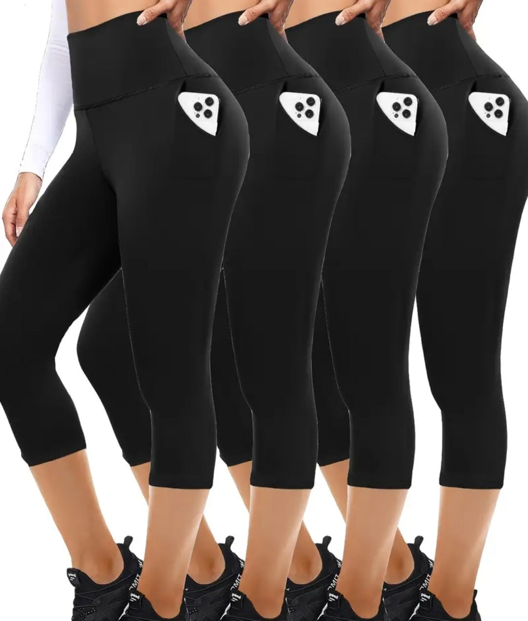 Women's 4 Pack High Waisted Capri Leggings with Pockets in black, featuring tummy control and butt lift design, perfect for workouts and lounging.