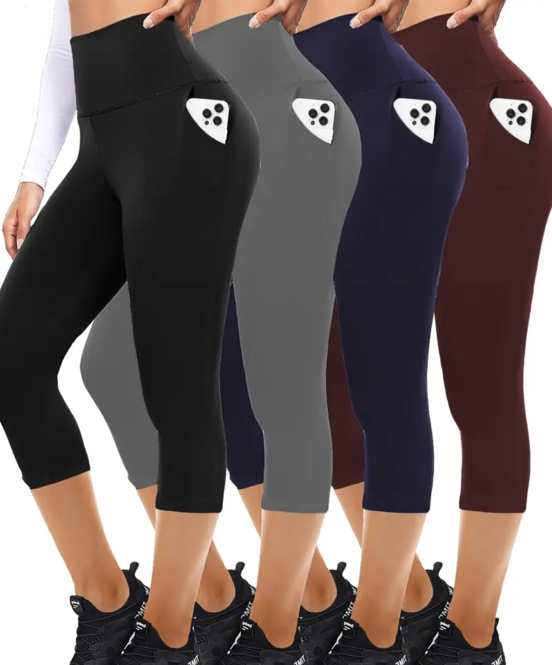 Women's 4 Pack High Waisted Capri Leggings with Pockets in multiple colors including black, gray, navy, and burgundy, designed for comfort, tummy control, and style.