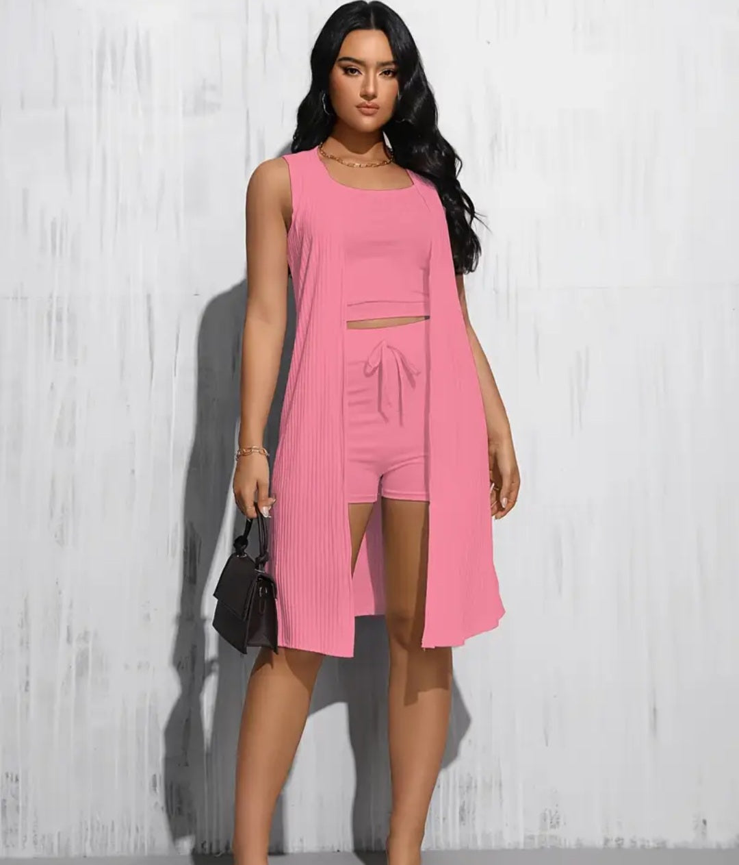 Women's 3-Piece Chic Solid Color Outfit - High Waist Tie Shorts & Stretchy Crop Top in a vibrant pink color, featuring a stylish sleeveless design.