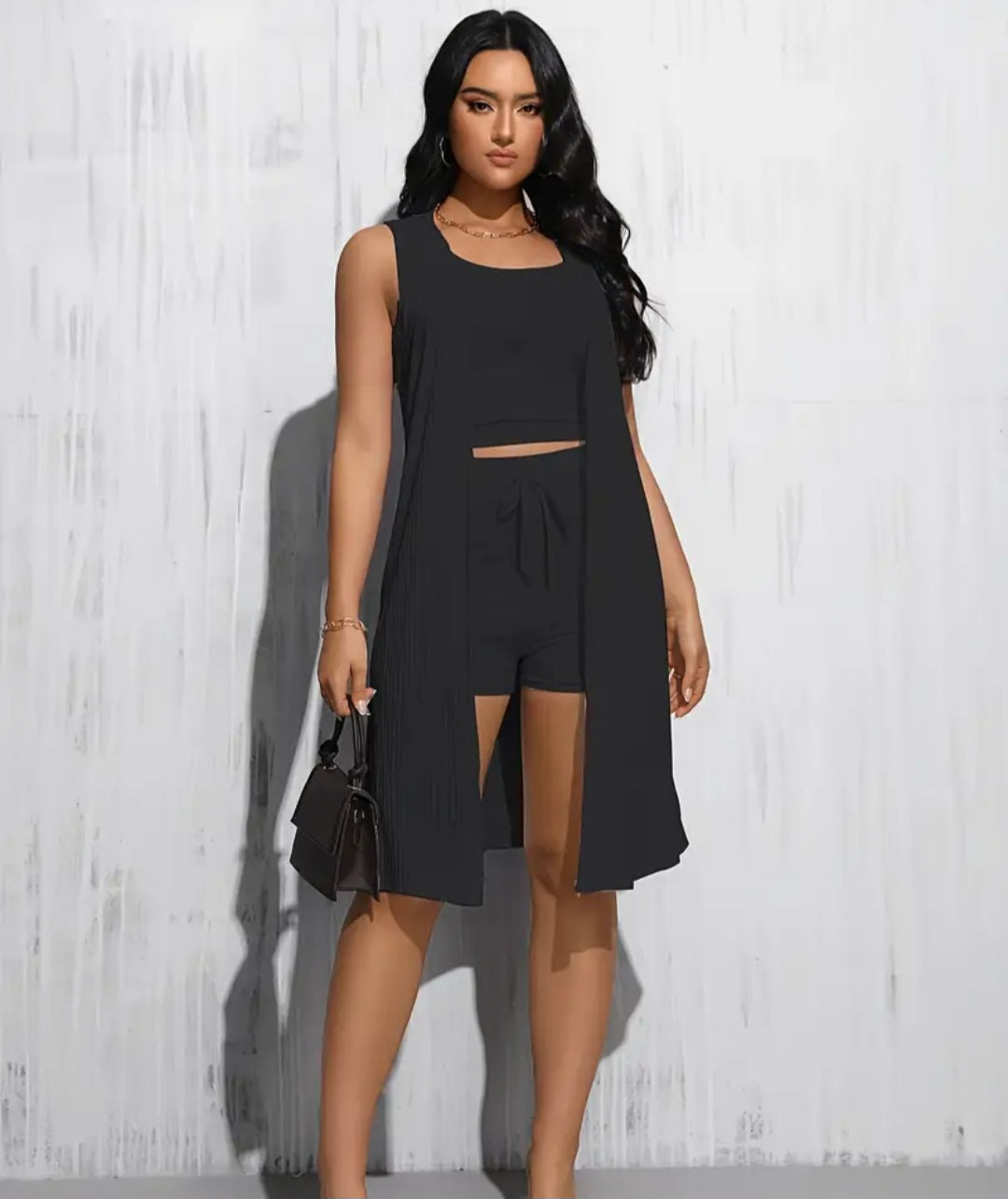Women's 3-Piece Chic Solid Color Outfit - High Waist Tie Shorts & Stretchy Crop Top presented in classic black, offering a sleek and trendy look.