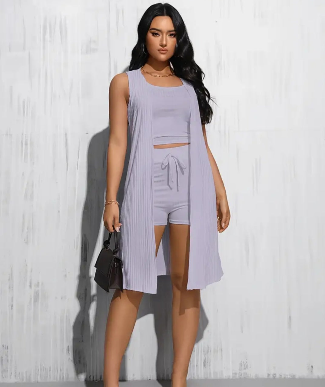Women's 3-Piece Chic Solid Color Outfit - High Waist Tie Shorts & Stretchy Crop Top in a soft lavender shade, adding a fresh touch to your wardrobe.