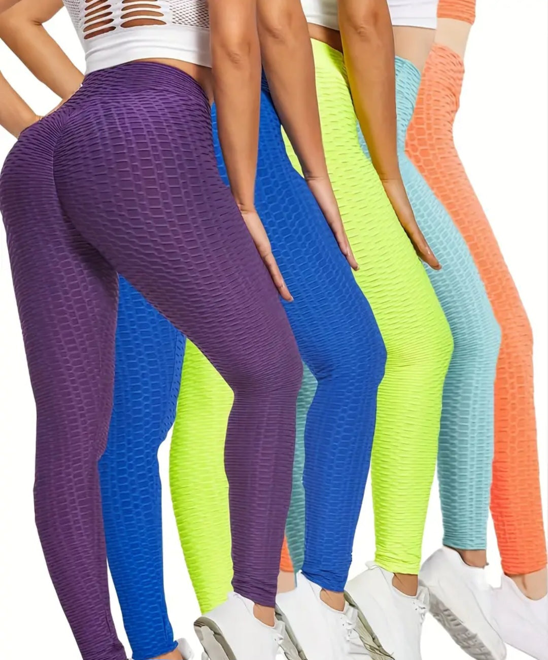 Colorful Women's 5-Piece High Waist Honeycomb Yoga Pants Set, showcasing purple, blue, neon green, blue, aqua, and coral leggings, perfect for fitness and running.