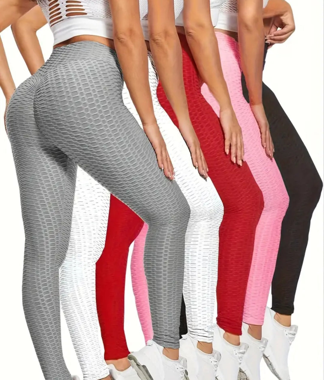 Women's 5-Piece High Waist Honeycomb Yoga Pants Set displayed in multiple colors including gray, white, red, pink, and black, showcasing stylish activewear leggings for fitness and running.