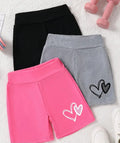 Girls' 3-Pc High Waisted Shorts Set featuring black, gray, and pink shorts with cute heart print, perfect for casual summer wear.