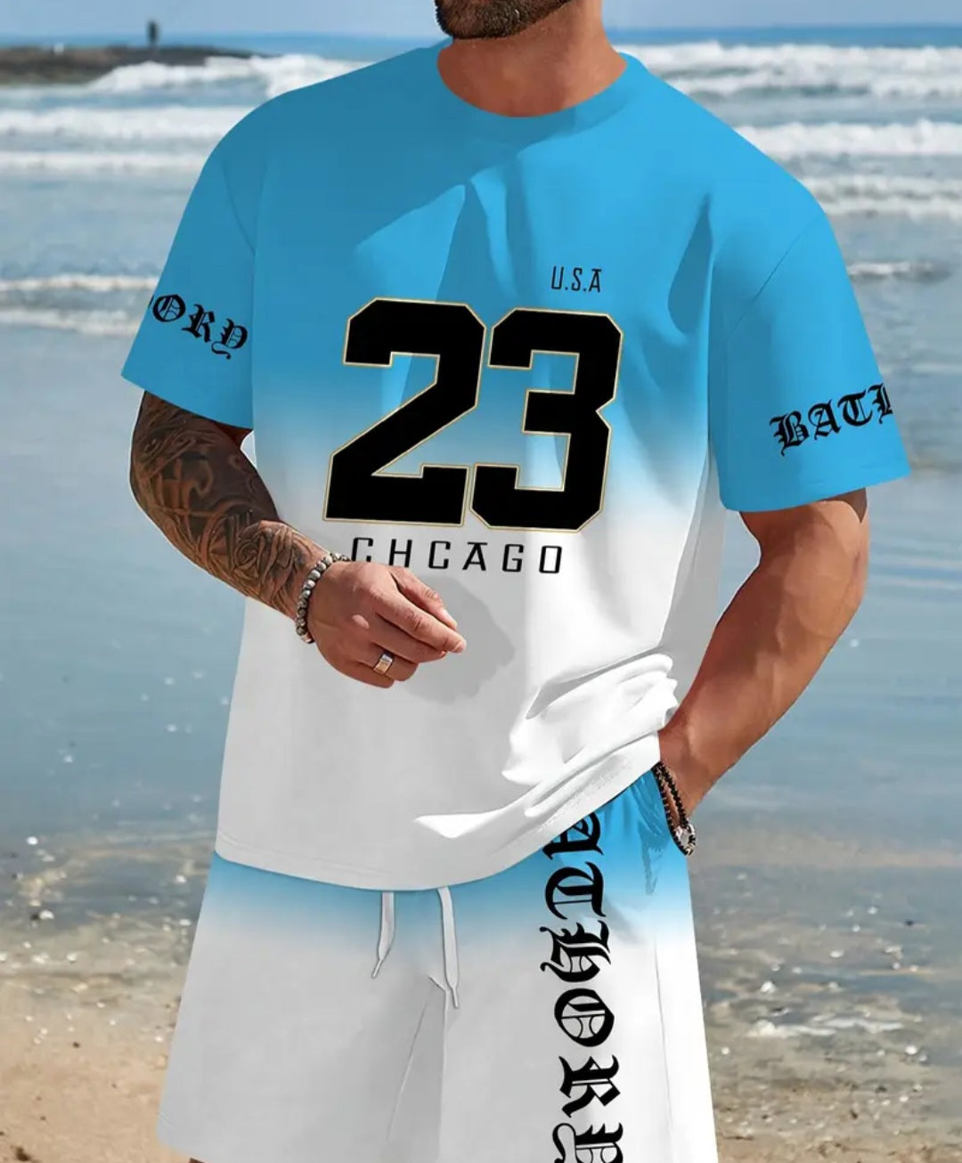 Men's Blue Chicago T-Shirt & Shorts Set featuring a trendy design with a large '23' graphic, perfect for casual urban style by jmhclothings.