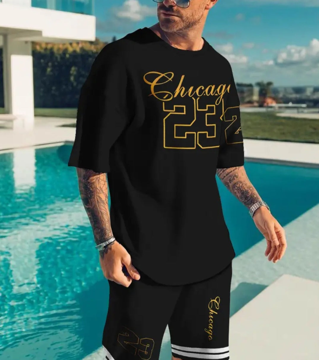 Men's Black Chicago 23 T-Shirt and Shorts Set featuring a sporty design with the Chicago logo, perfect for casual wear and workouts.