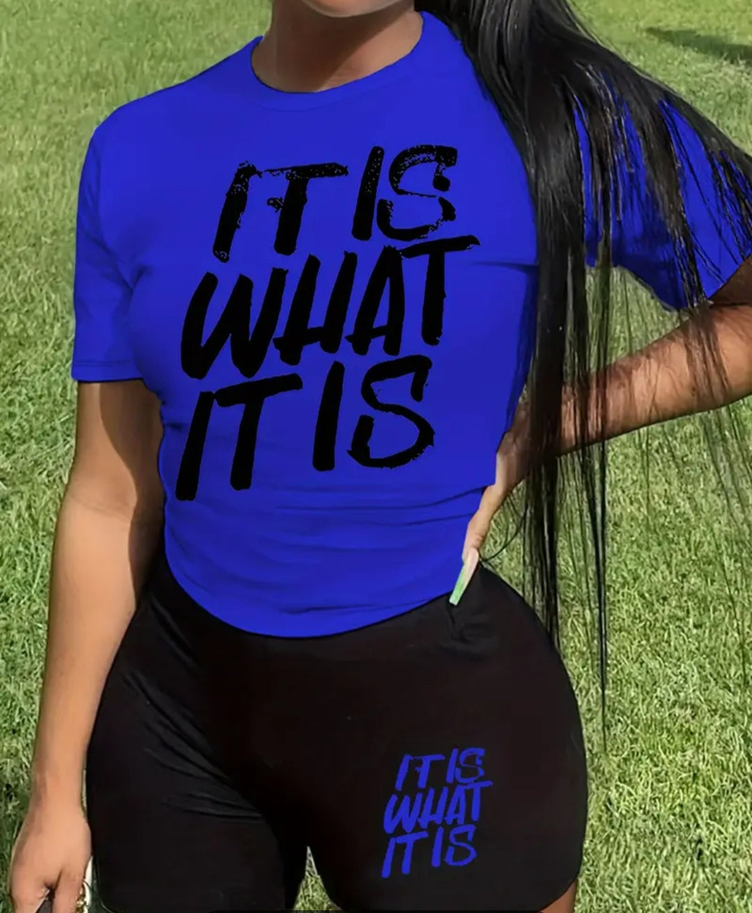 Women's Casual 'It Is What It Is' Lounge Set featuring a blue relaxed-fit top with black graphic text and matching black bottoms. Perfect for lounging and casual outings.