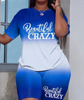 Women's Plus Size Beautiful Crazy collection featuring a model wearing a blue gradient 'Beautiful Crazy' graphic tee and matching shorts, showcasing bold and unique styles for confident women.