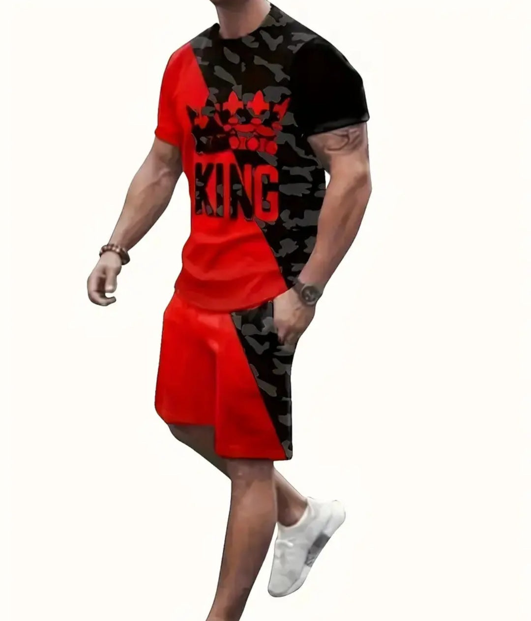 Men's King Graphic T-Shirt & Shorts Set featuring a bold graphic design in red and black, made of a soft cotton blend for comfort. Casual outfit perfect for lounging or workouts.