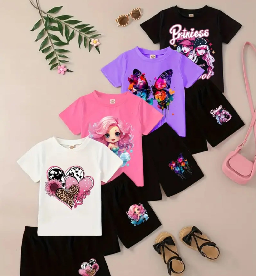 Girls 4-Piece Summer T-Shirt and Shorts Set featuring colorful designs: two T-shirts with playful graphics and two pairs of comfy shorts, perfect for summer adventures.