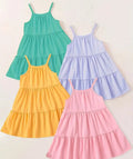 Vibrant 4-Piece Toddler Girls' Outfits Set featuring colorful tiered dresses in teal, yellow, lavender, and pink suitable for ages 1-4.