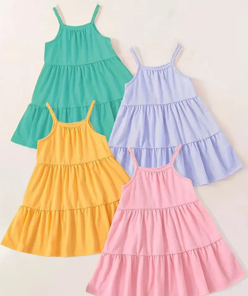 Vibrant 4-Piece Toddler Girls' Outfits Set featuring colorful tiered dresses in teal, yellow, lavender, and pink suitable for ages 1-4.