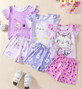 Girls 3-Piece Kitty Cat Set featuring a cute kitty cat graphic tee, soft leggings, and a cozy cardigan. The outfit includes playful designs with a variety of colors perfect for a fashionable and comfortable look.